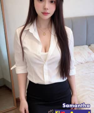 Samantha wearing a white button-up shirt and black mini skirt with cat ears headband offering high class asian model escort kl.